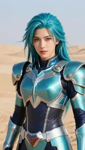 Cyan Armored Master Hero In The Desert Landscape