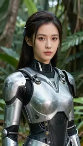 Cybernetic Silver Armored Enforcer Hero In The Jungle