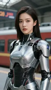 Cybernetic Silver Armored Operative Hero At The Train