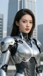 Cybernetic Silver Armored Defender Hero At The Downtown