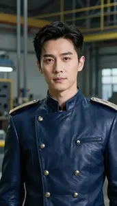Dark Blue Leather Suited Commander Hero In The Factory