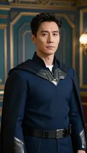 Distinguished Navy Caped Guardian Hero In The Corridor