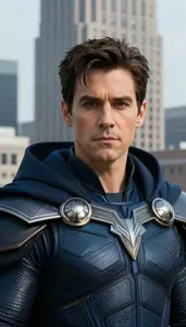 Distinguished Navy Caped Harbinger Hero At The Downtown