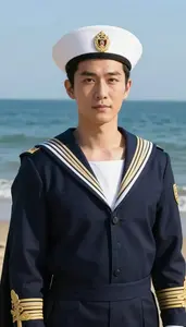 Distinguished Navy Caped Sentinel Hero At The Ocean Shore