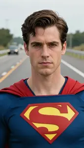 Distinguished Navy Caped Agent Superhero On The Highway