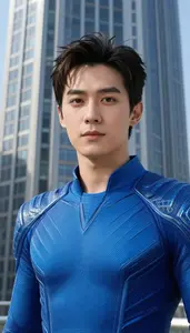 Electric Blue Suited Guardian Hero In The Skyscraper