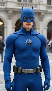 Electric Blue Suited Vigilante Hero In The City Plaza