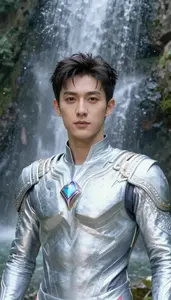 Electrified Silver Suited Defender Hero At The Waterfall