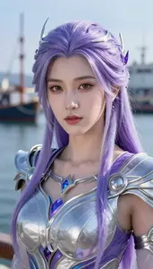 Ethereal Silver And Purple Protector Hero At The Harbor