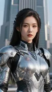 Futuristic Silver Armored Harbinger Hero In The Skyscraper