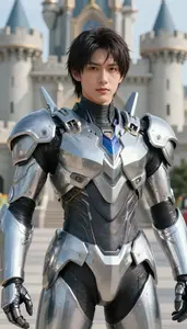 Futuristic Silver Armored Titan Hero At The Castle