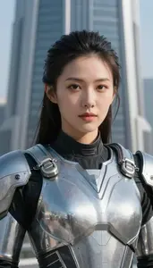Futuristic Silver Armored Commander Hero In The Skyscraper