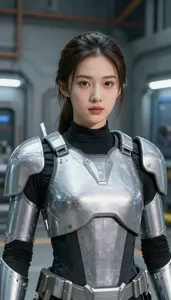 Futuristic Silver Armored Scout Hero In The Factory