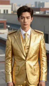 Gilded Gold Suited Soldier Hero On The Rooftop
