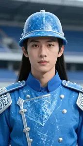 Glacial Ice Blue Caped Soldier Hero At The Stadium