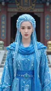 Glacial Ice Blue Caped Fighter Hero At The Temple
