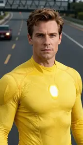 Glowing Yellow Suited Avenger Superhero On The Highway