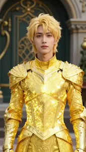 Glowing Yellow Suited Knight Hero In The Public Park