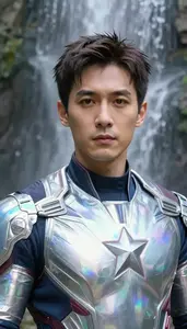 Holographic Silver Suited Avenger Hero At The Waterfall