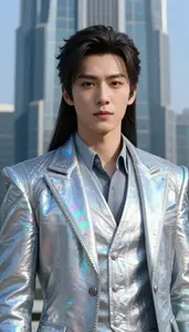 Holographic Silver Suited Lord Hero In The Skyscraper