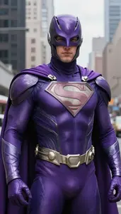 Immense Purple Caped Protector Superhero In The Metropolitan
