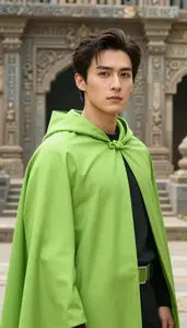 Lime Green Caped Fighter Hero At The Ancient Ruins