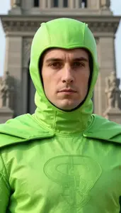 Lime Green Caped General Superhero At The Historic Monument