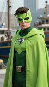 Lime Green Caped Harbinger Hero At The Harbor