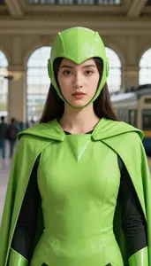 Lime Green Caped Sentinel Hero At The Train Station