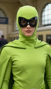 Lime Green Caped Sentinel Superhero At The Train Station