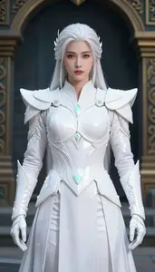 Luminous White Armored Protector Hero At The Ancient Ruins
