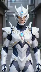Luminous White Armored Defender Hero In The Alleyway