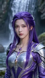 Magical Purple And Silver Knight Hero At The Waterfall