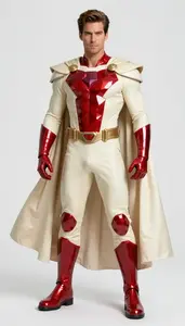 Male Superhero Ivory And Ruby Combat Suit With Faceted Chest