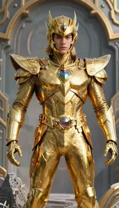 Massive Gold Suited Protector Hero On The Mountain Peak