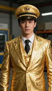 Massive Gold Suited Captain Hero In The Warehouse
