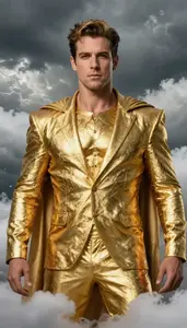 Massive Gold Suited Lord Superhero In The Storm Cloud