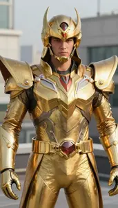 Massive Gold Suited Paragon Hero On The Rooftop