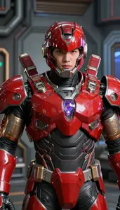 Mighty Red Armored Defender Hero At The Industrial Complex