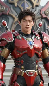 Mighty Red Armored Warrior Hero On The Hilltop