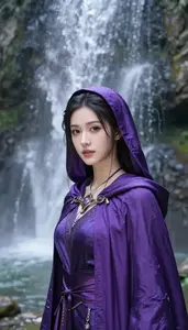 Mystical Purple Caped Specialist Hero At The Waterfall