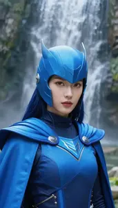 Neon Blue Caped Harbinger Hero At The Waterfall