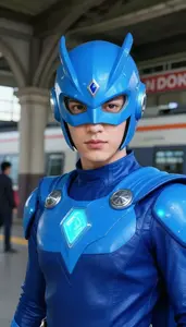 Neon Blue Caped Protector Hero At The Train Station