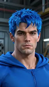 Neon Blue Caped Titan Hero In The Factory