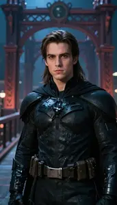 Nocturnal Black Caped Soldier Hero On The Bridge