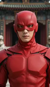 Powerful Red Caped Defender Hero At The Temple