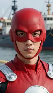 Powerful Red Caped Defender Hero At The Harbor