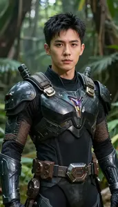 Primal Black Armored Avenger Hero In The Jungle