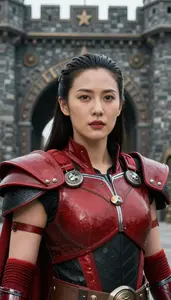 Savage Red And Black Crusader Hero At The Fortress Gate