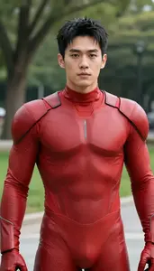 Streamlined Red Suited Titan Hero In The Public Park
